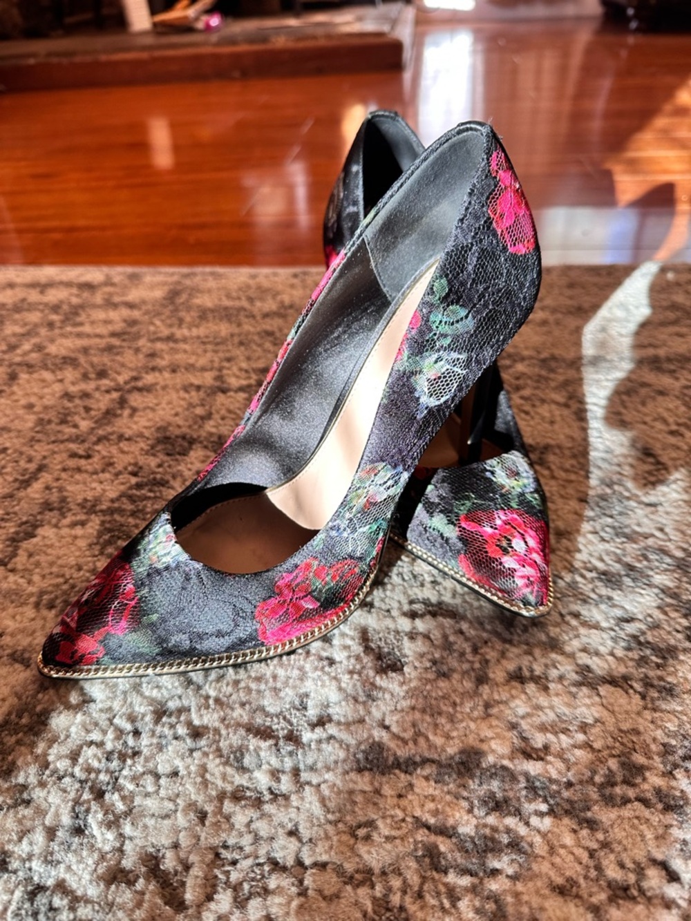 BCBGeneration Black Floral Pointed Toe Heels with Pink Accents